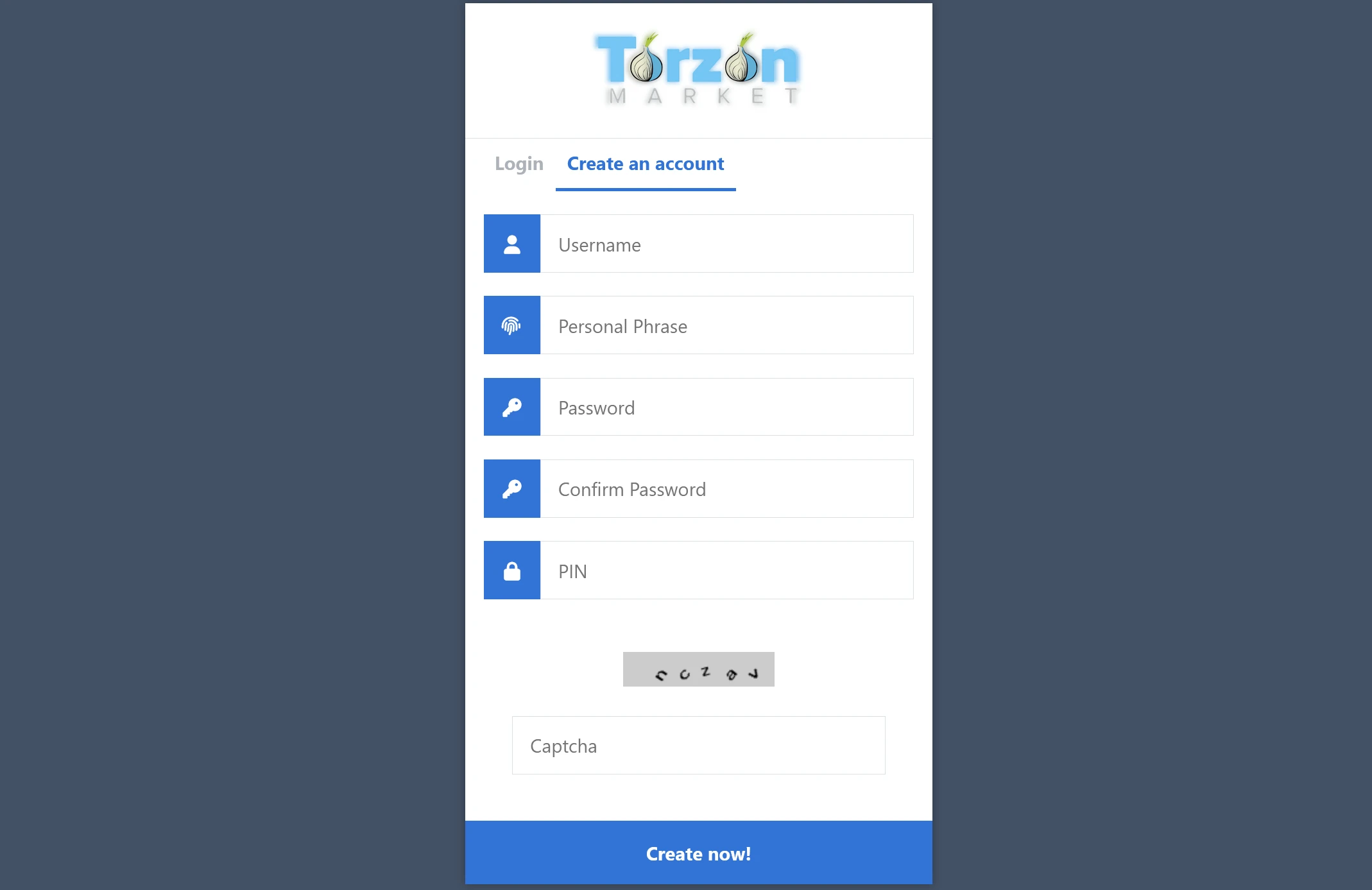 Torzon Market registration page for new user signup on the darknet marketplace